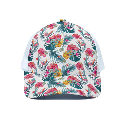 Aloha Hawaii Floral Pattern Print White Mesh Trucker Cap