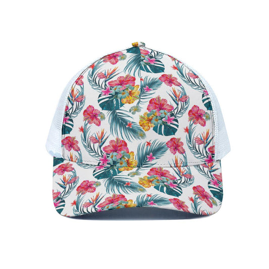 Aloha Hawaii Floral Pattern Print White Mesh Trucker Cap