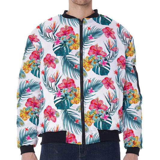 Aloha Hawaii Floral Pattern Print Zip Sleeve Bomber Jacket