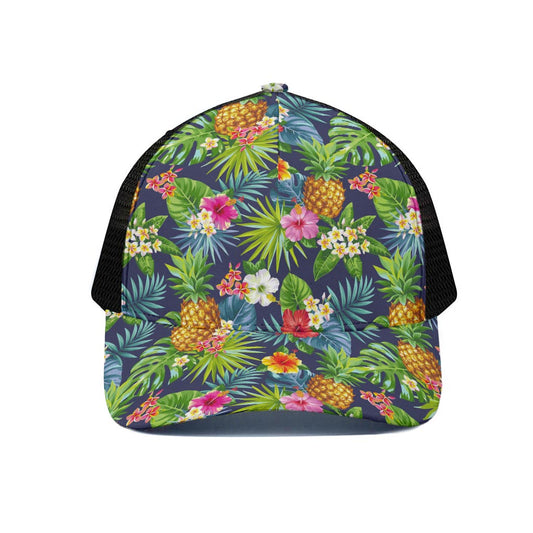 Aloha Hawaii Tropical Pattern Print Black Mesh Trucker Cap