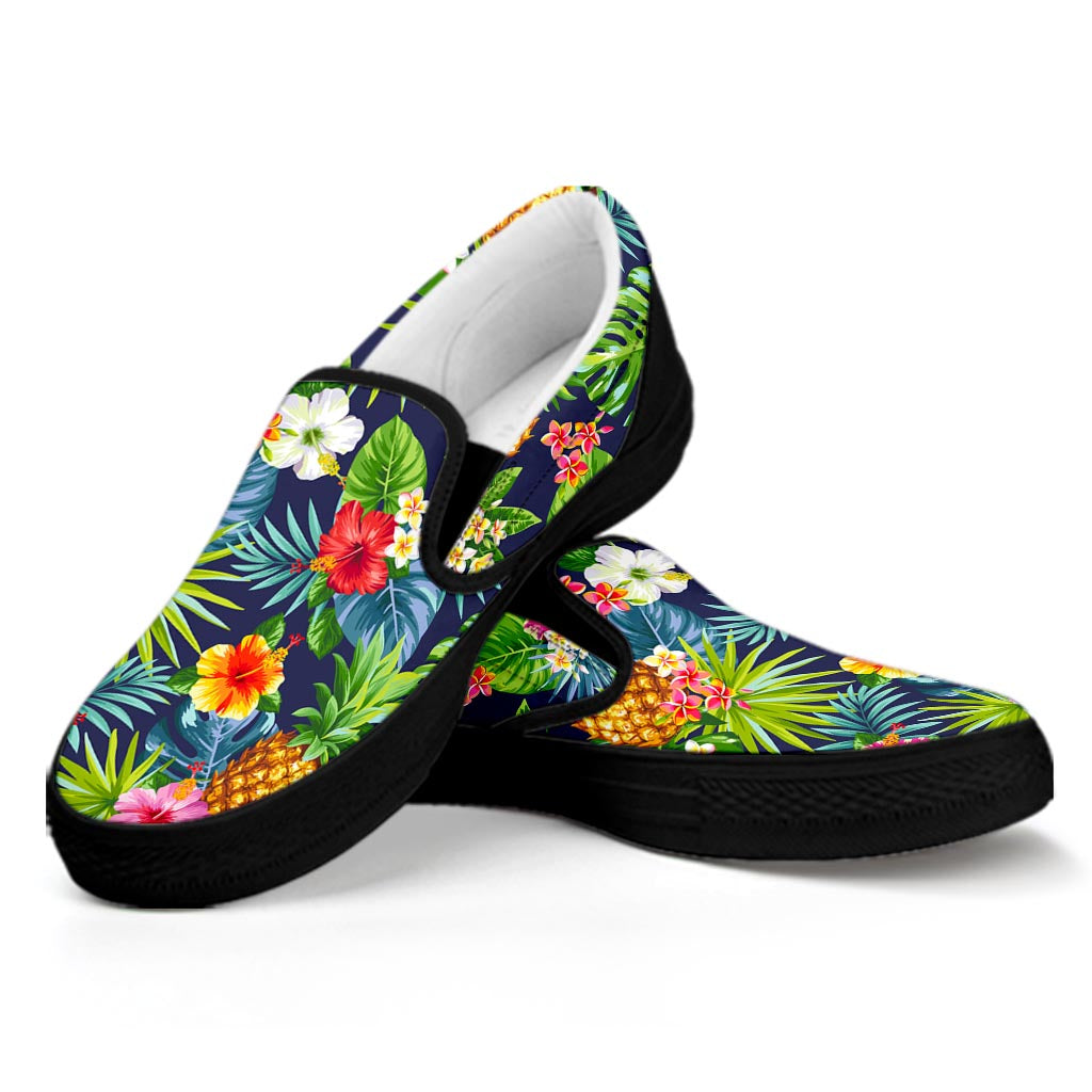 Aloha Hawaii Tropical Pattern Print Black Slip On Sneakers
