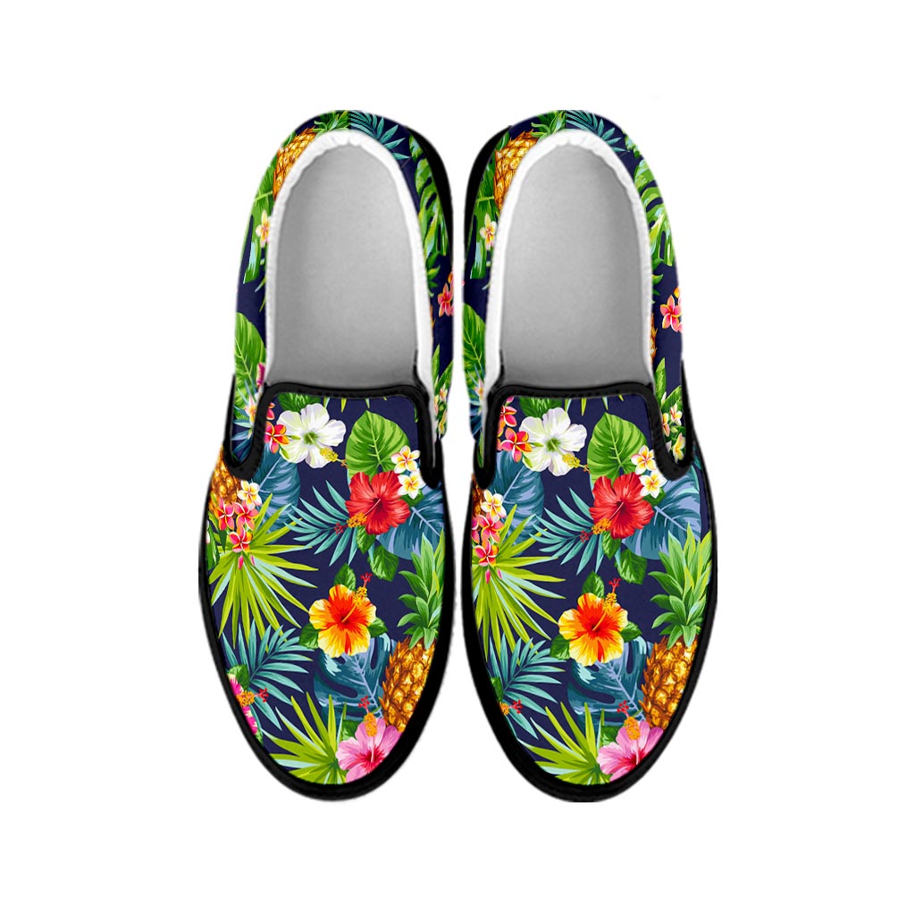 Aloha Hawaii Tropical Pattern Print Black Slip On Sneakers