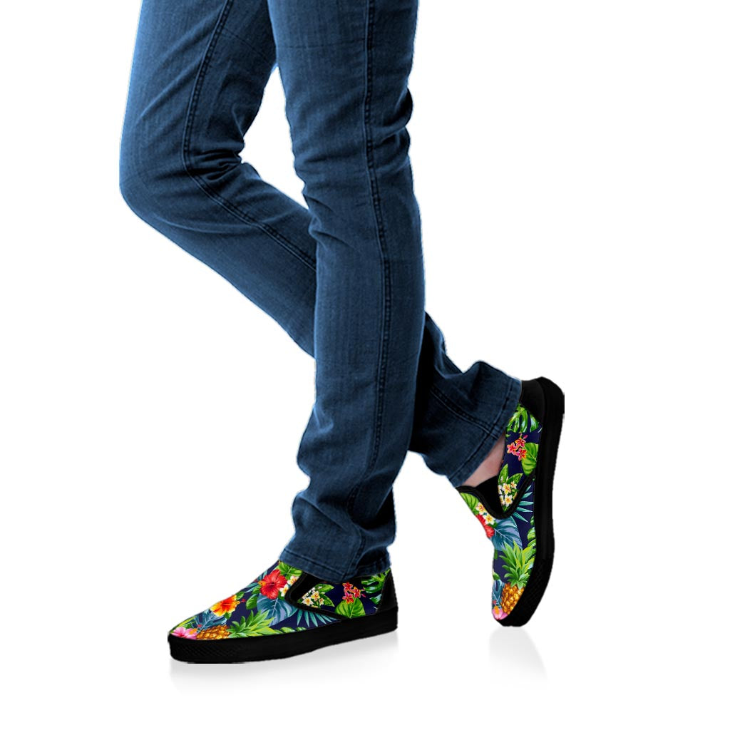 Aloha Hawaii Tropical Pattern Print Black Slip On Sneakers
