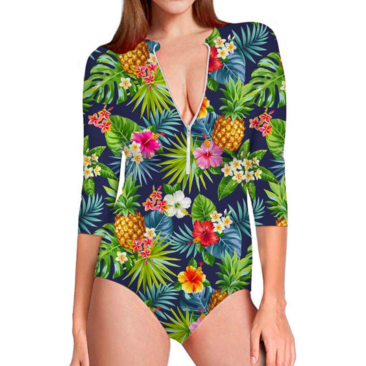 Aloha Hawaii Tropical Pattern Print Long Sleeve Swimsuit