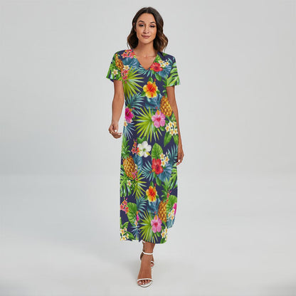 Aloha Hawaii Tropical Pattern Print Short Sleeve Maxi Dress