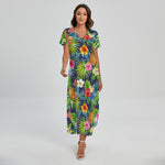 Aloha Hawaii Tropical Pattern Print Short Sleeve Maxi Dress