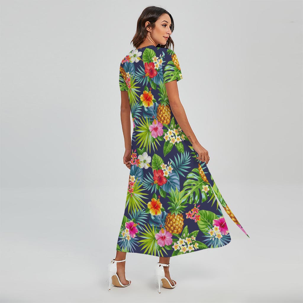 Aloha Hawaii Tropical Pattern Print Short Sleeve Maxi Dress