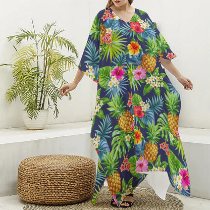 Aloha Hawaii Tropical Pattern Print Silk V-Neck Kaftan Dress
