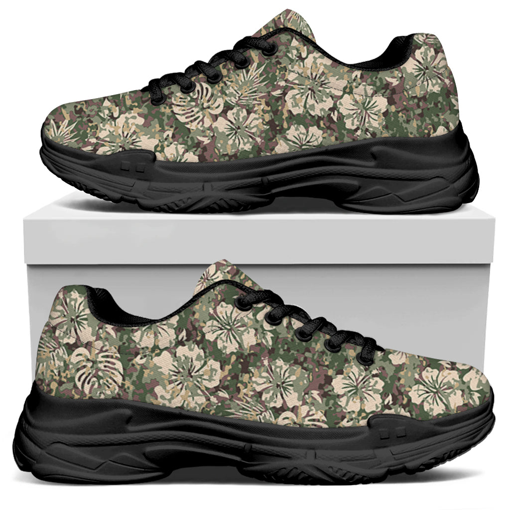 Aloha Hawaiian Camo Flower Pattern Print Black Chunky Shoes