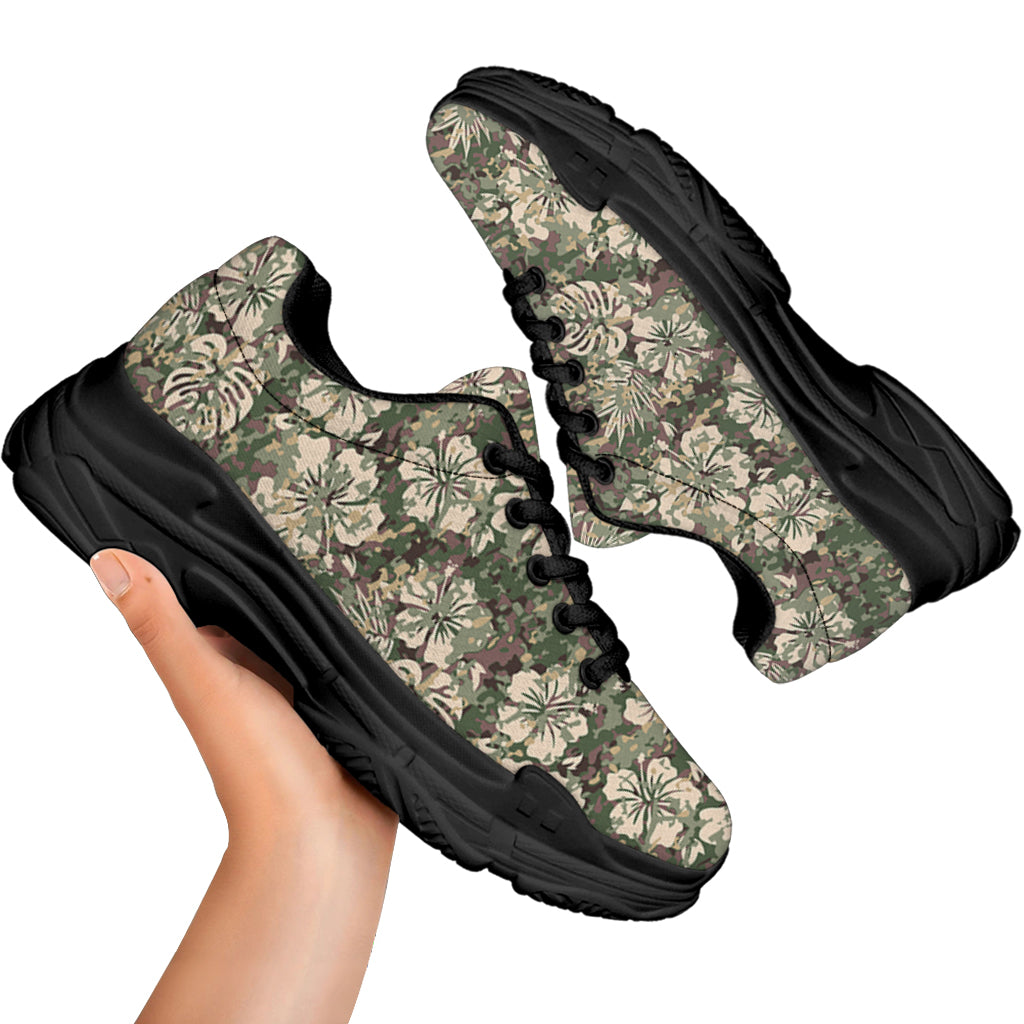 Aloha Hawaiian Camo Flower Pattern Print Black Chunky Shoes