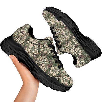 Aloha Hawaiian Camo Flower Pattern Print Black Chunky Shoes