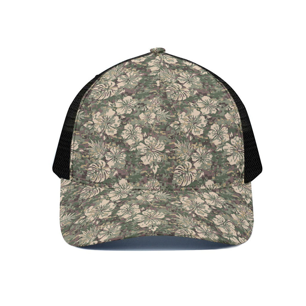 Aloha Hawaiian Camo Flower Pattern Print Black Mesh Trucker Cap