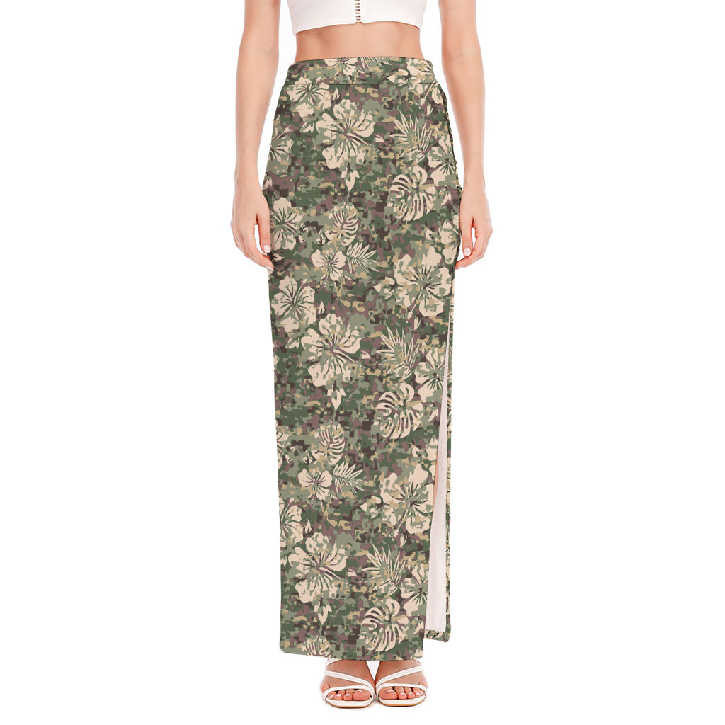 Aloha Hawaiian Camo Flower Pattern Print High Slit Maxi Skirt