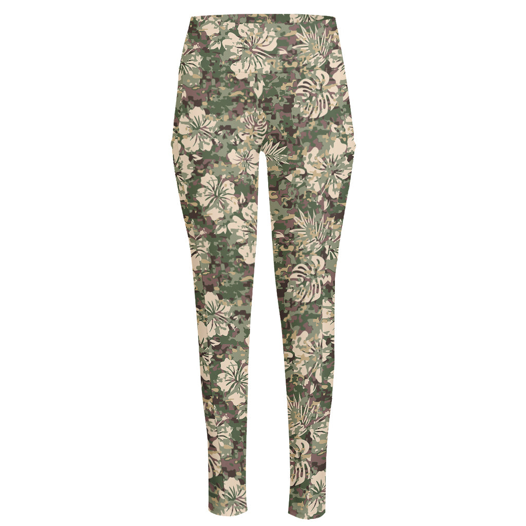 Aloha Hawaiian Camo Flower Pattern Print High-Waisted Pocket Leggings