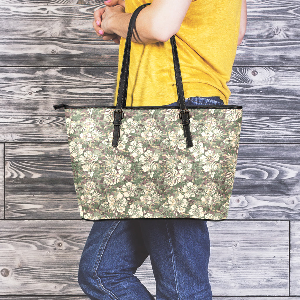 Aloha Hawaiian Camo Flower Pattern Print Leather Tote Bag