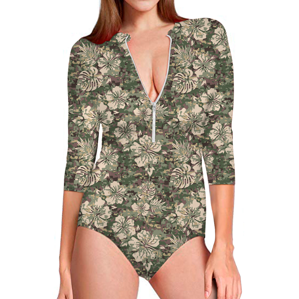 Aloha Hawaiian Camo Flower Pattern Print Long Sleeve Swimsuit