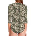 Aloha Hawaiian Camo Flower Pattern Print Long Sleeve Swimsuit