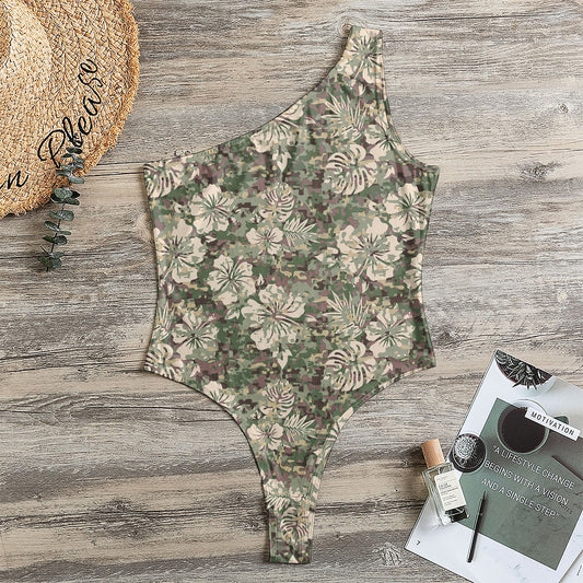 Aloha Hawaiian Camo Flower Pattern Print One Shoulder Bodysuit