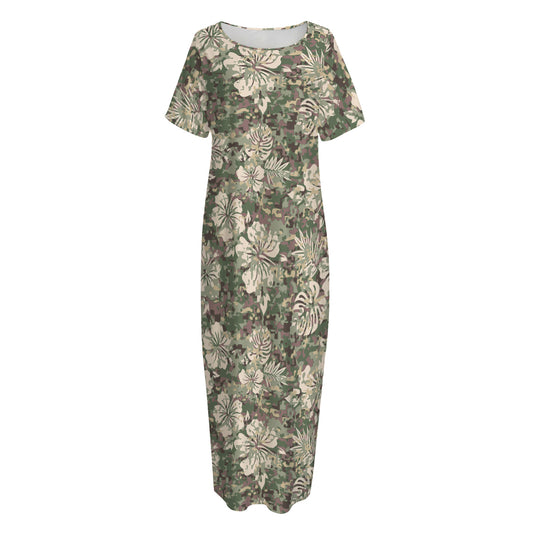Aloha Hawaiian Camo Flower Pattern Print Short Sleeve Long Nightdress