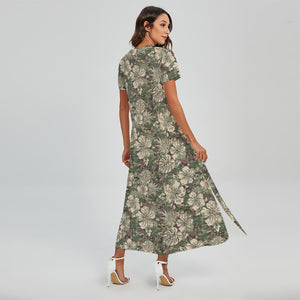 Aloha Hawaiian Camo Flower Pattern Print Short Sleeve Maxi Dress