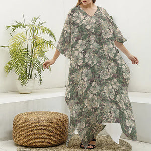 Aloha Hawaiian Camo Flower Pattern Print Silk V-Neck Kaftan Dress