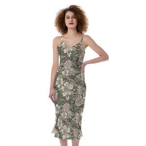 Aloha Hawaiian Camo Flower Pattern Print Slim Fit Midi Cami Dress