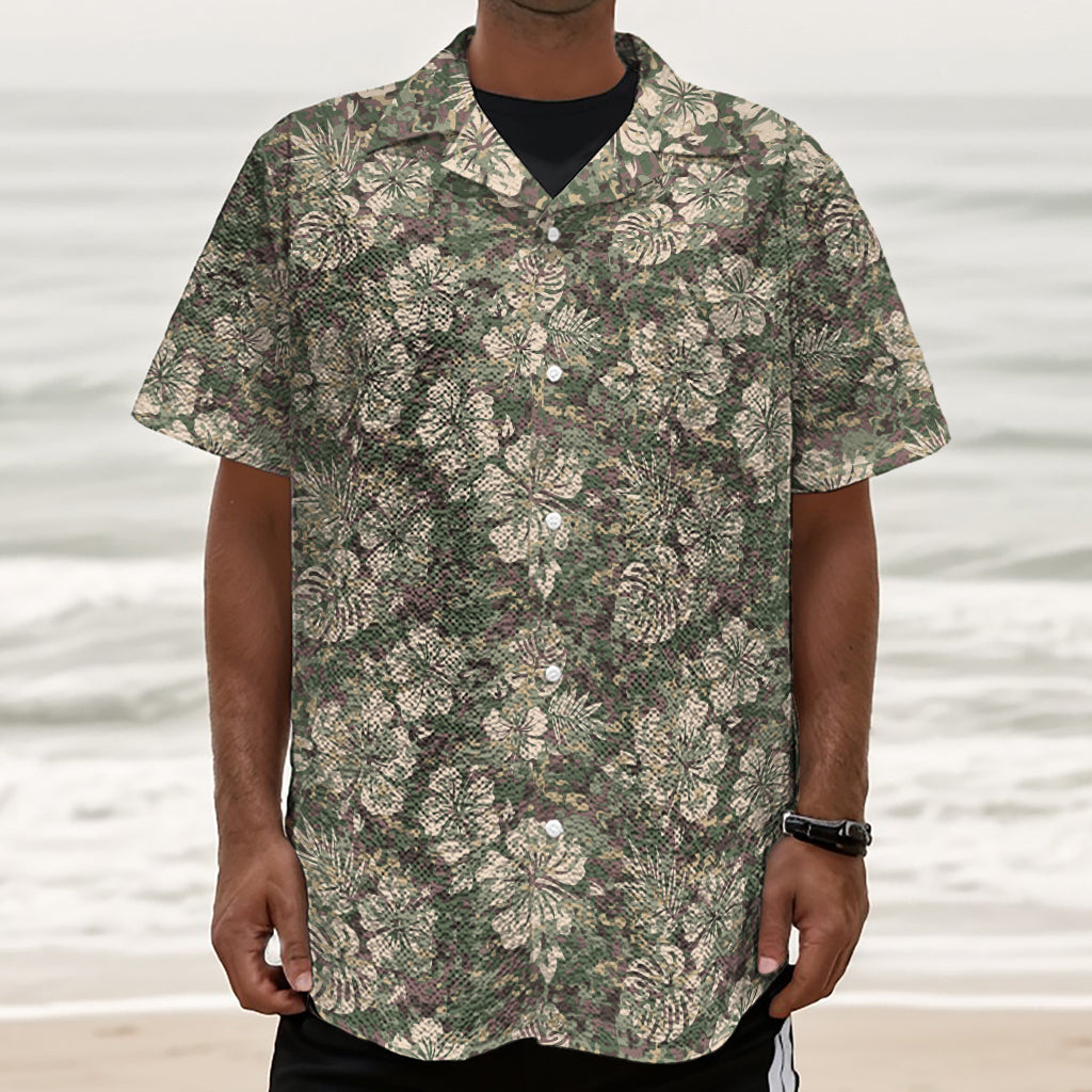 Aloha Hawaiian Camo Flower Pattern Print Textured Short Sleeve Shirt