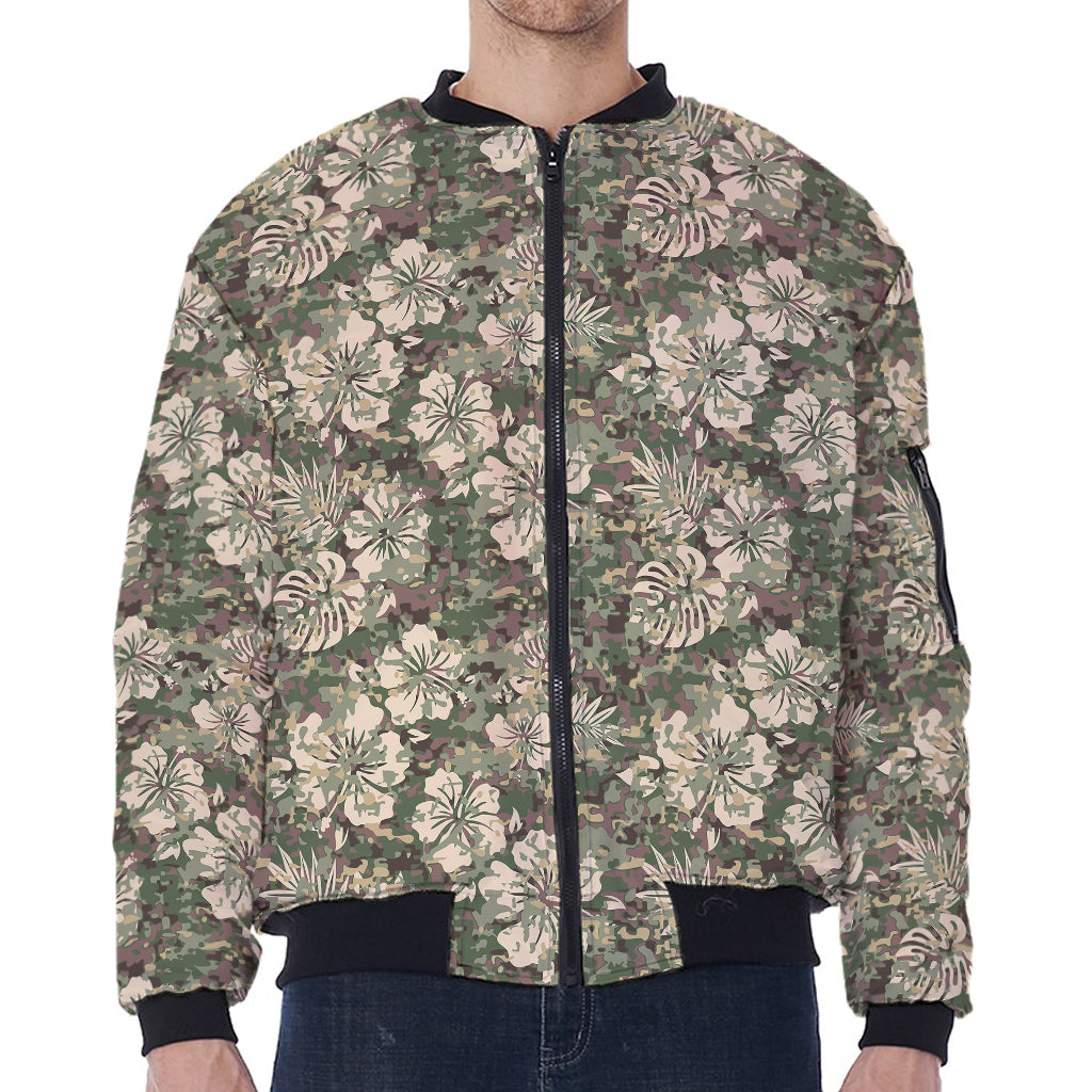 Aloha Hawaiian Camo Flower Pattern Print Zip Sleeve Bomber Jacket