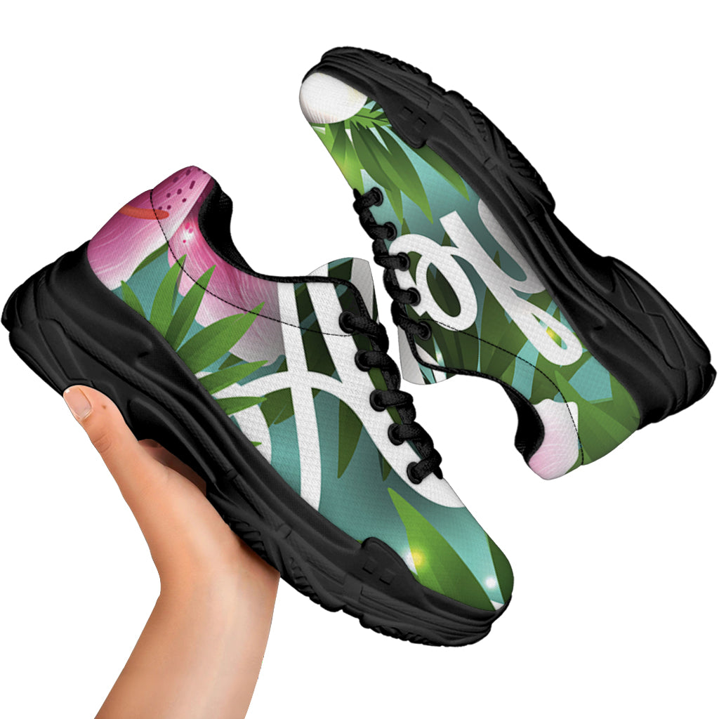 Aloha Hawaiian Flower Print Black Chunky Shoes