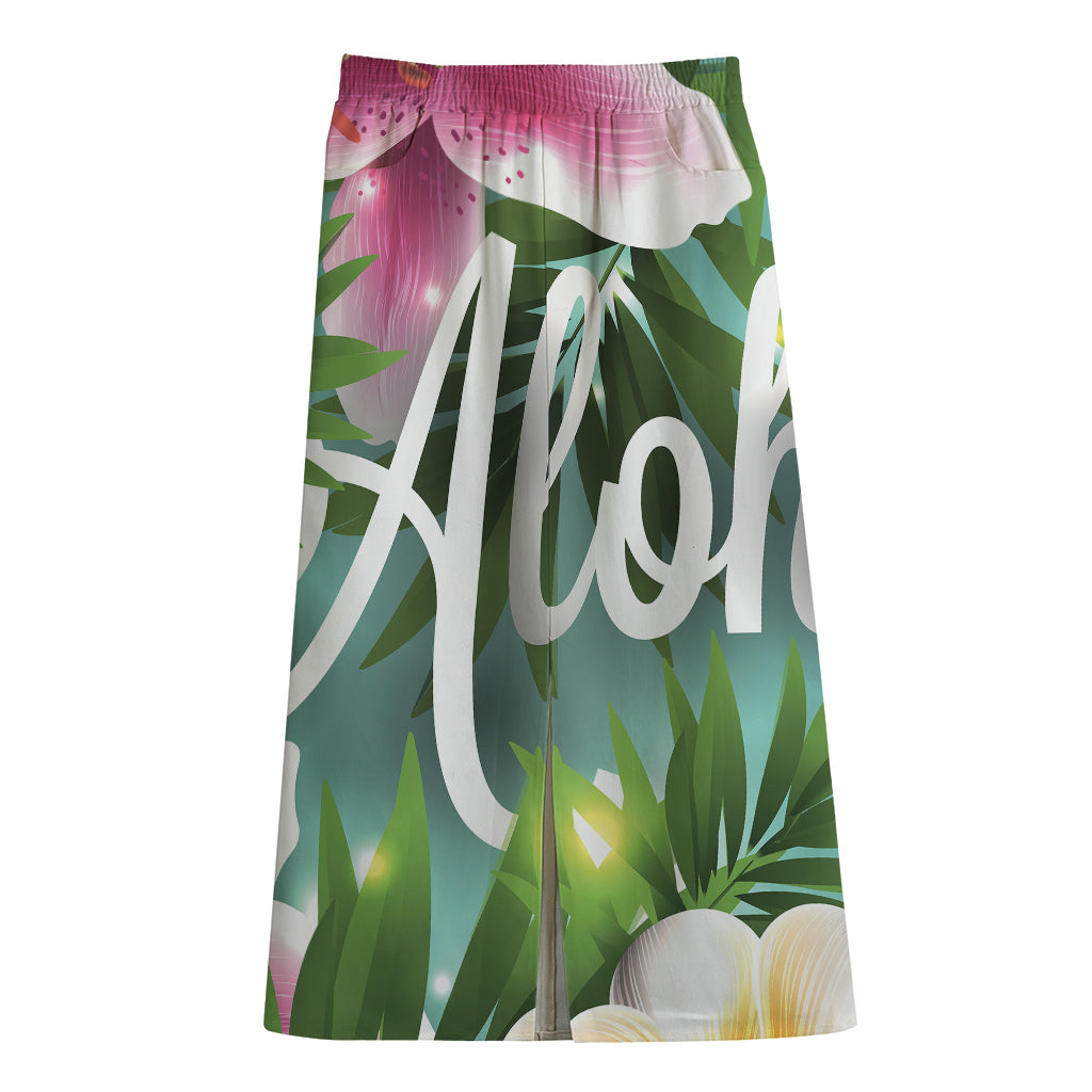 Aloha Hawaiian Flower Print Cotton Front Slit Maxi Skirt