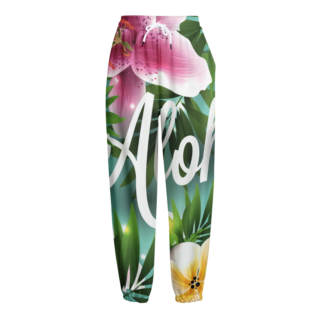 Aloha Hawaiian Flower Print Fleece Lined Knit Pants