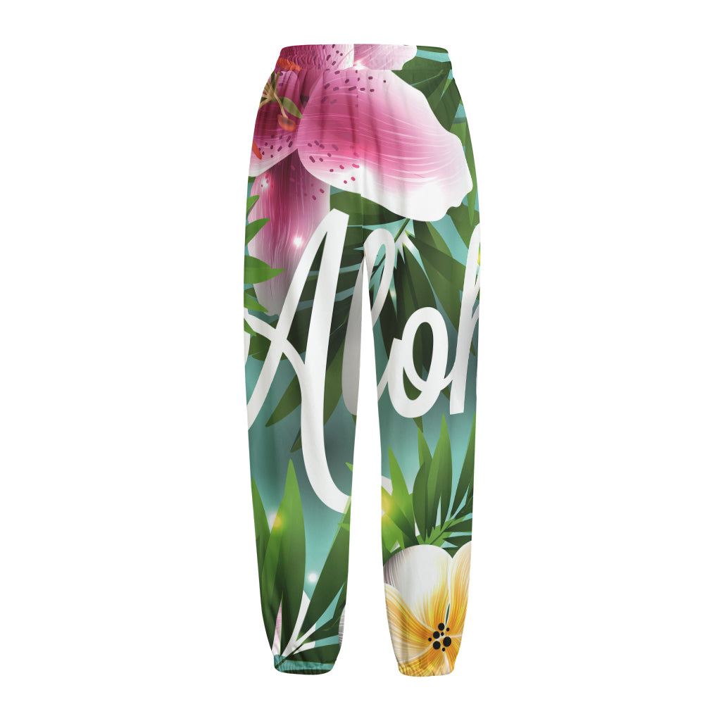 Aloha Hawaiian Flower Print Fleece Lined Knit Pants