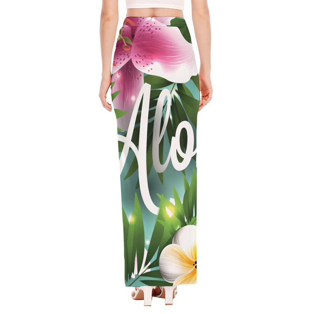 Aloha Hawaiian Flower Print High Slit Maxi Skirt