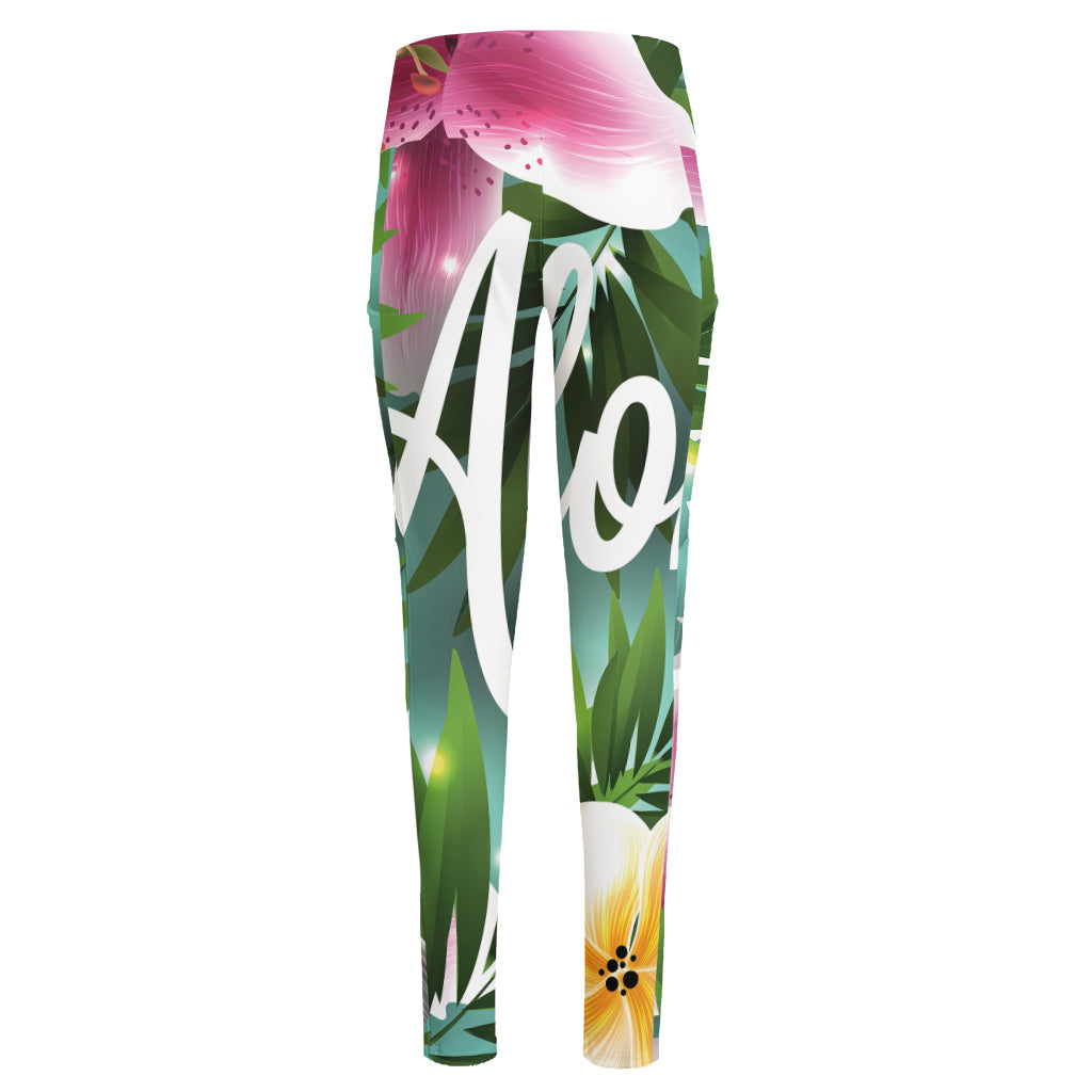 Aloha Hawaiian Flower Print High-Waisted Pocket Leggings