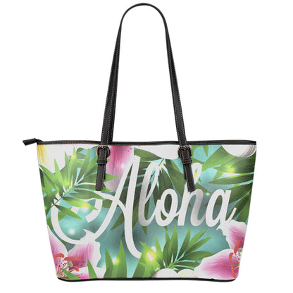 Aloha Hawaiian Flower Print Leather Tote Bag