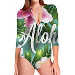 Aloha Hawaiian Flower Print Long Sleeve Swimsuit
