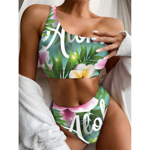 Aloha Hawaiian Flower Print One Shoulder Bikini Top