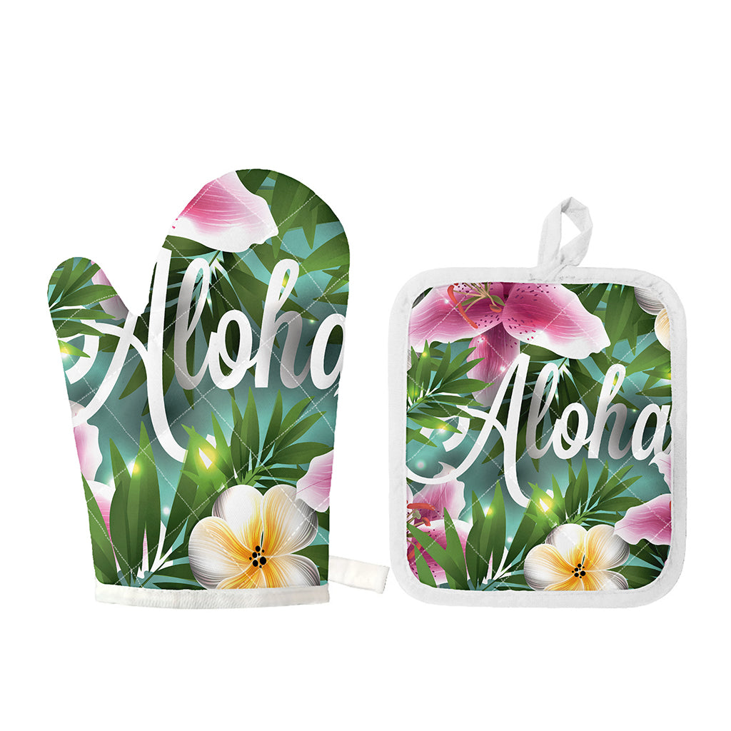Aloha Hawaiian Flower Print Oven Mitt And Pot Holder Set
