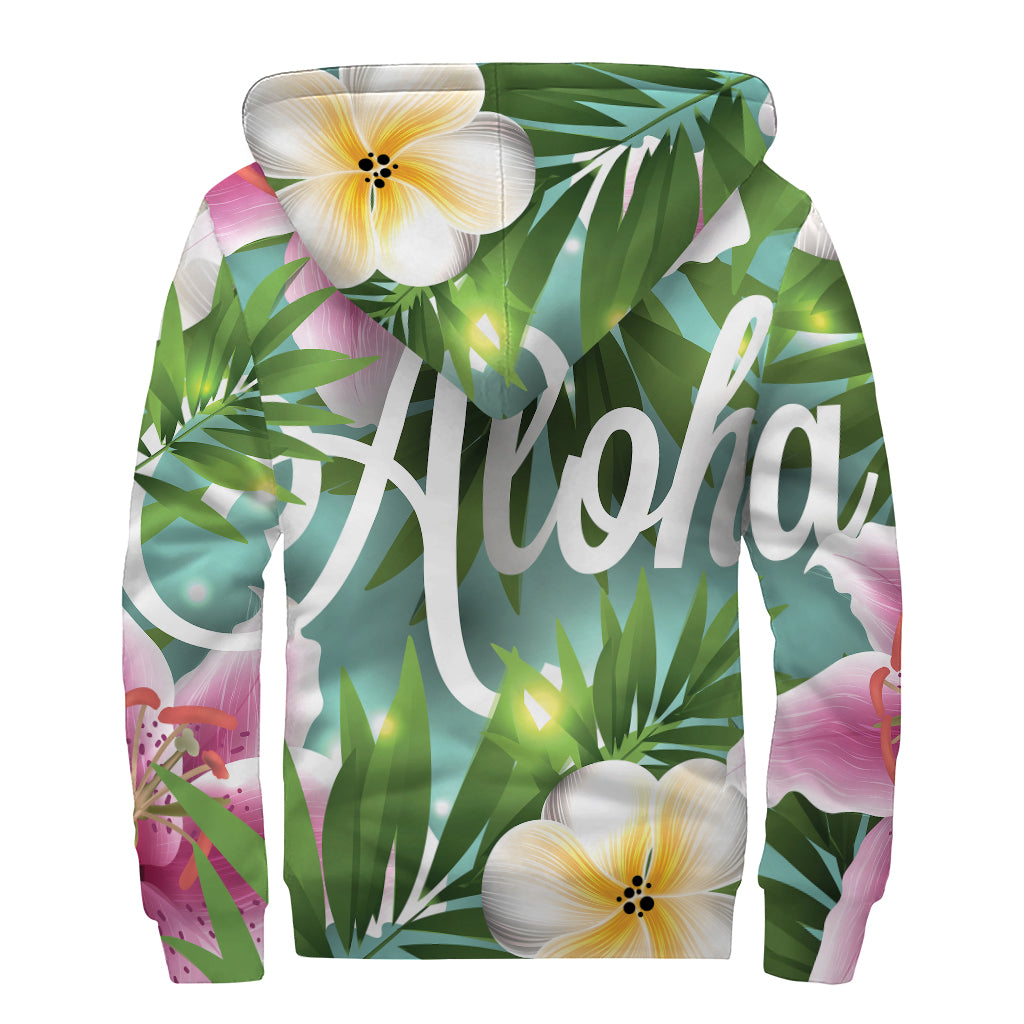 Aloha Hawaiian Flower Print Sherpa Lined Zip Up Hoodie