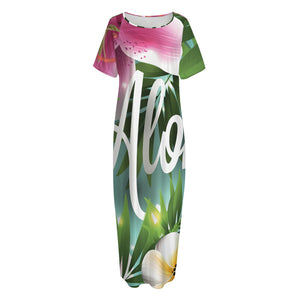 Aloha Hawaiian Flower Print Short Sleeve Long Nightdress