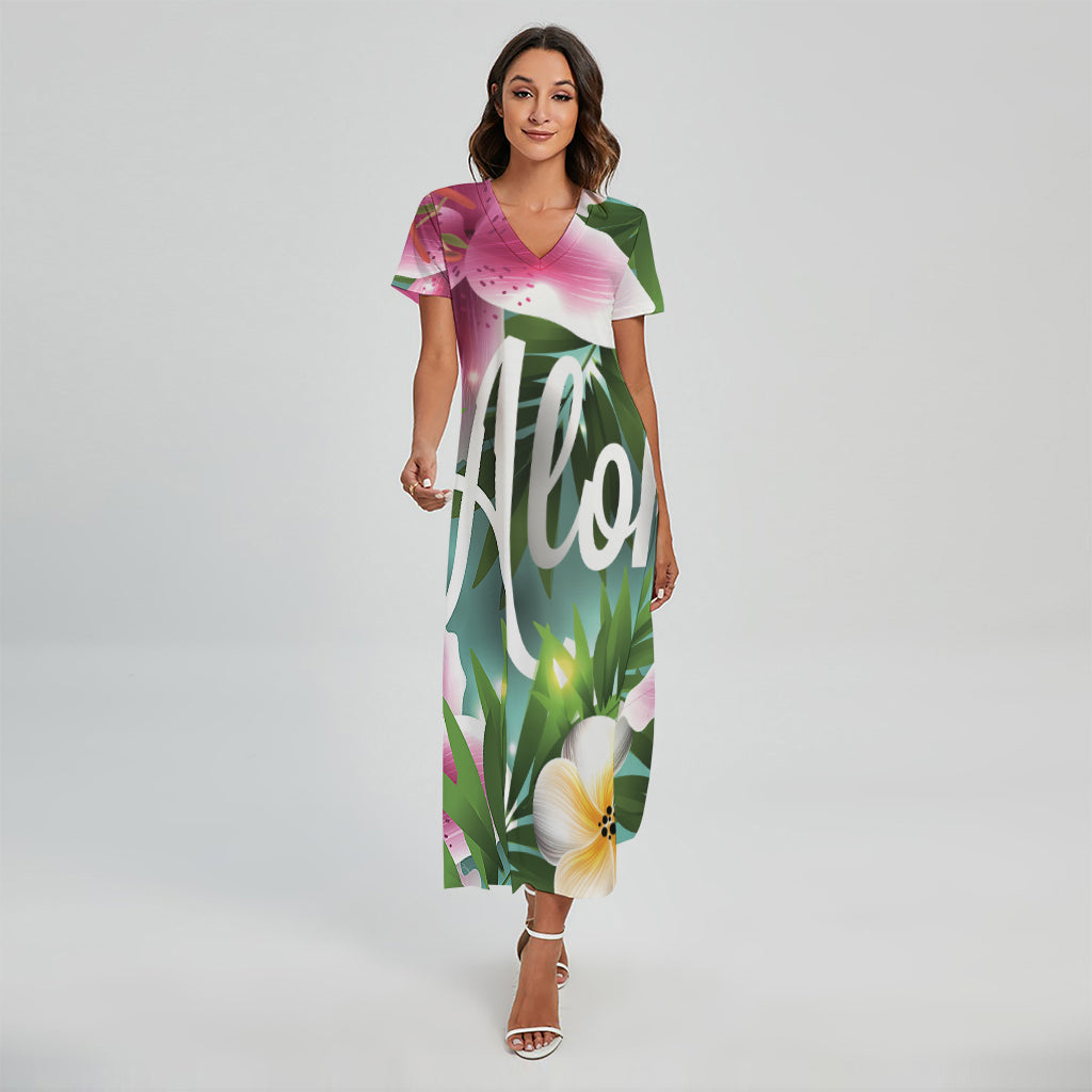 Aloha Hawaiian Flower Print Short Sleeve Maxi Dress