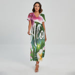 Aloha Hawaiian Flower Print Short Sleeve Maxi Dress