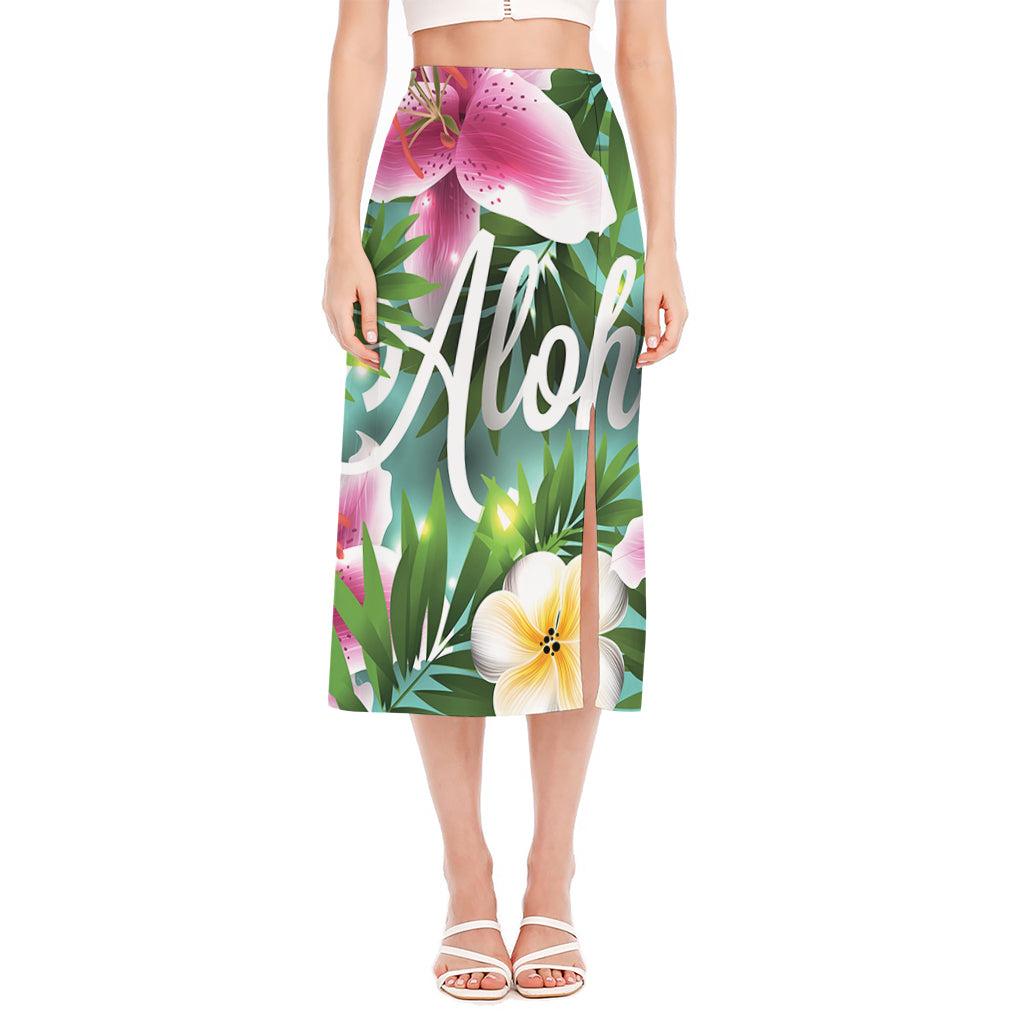 Aloha Hawaiian Flower Print Side Slit Midi Skirt