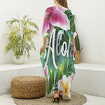 Aloha Hawaiian Flower Print Silk V-Neck Kaftan Dress