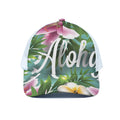 Aloha Hawaiian Flower Print White Mesh Trucker Hat