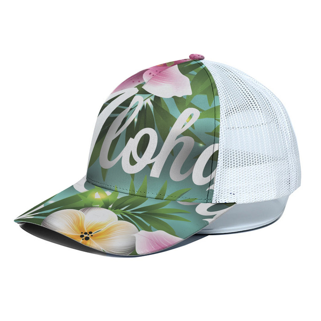 Aloha Hawaiian Flower Print White Mesh Trucker Cap