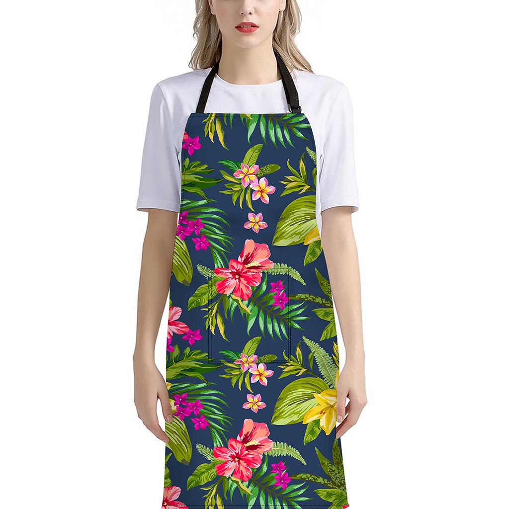 Aloha Hawaiian Flowers Pattern Print Bib Apron With Pocket