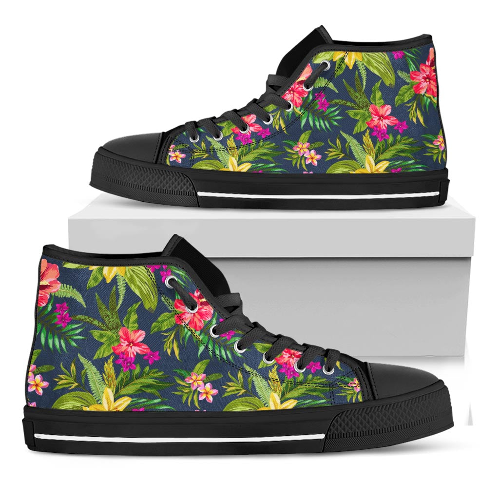 Aloha Hawaiian Flowers Pattern Print Black High Top Sneakers