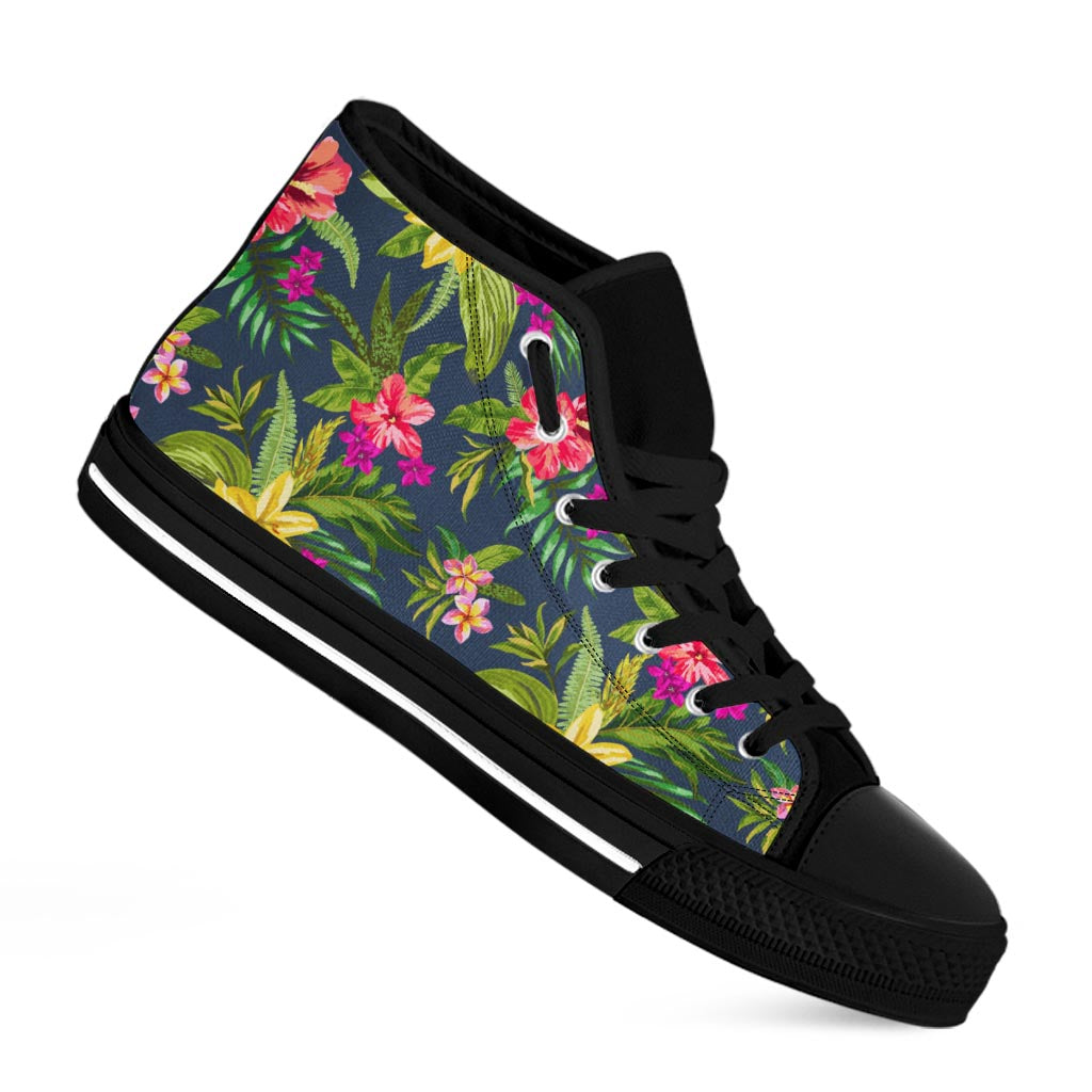 Aloha Hawaiian Flowers Pattern Print Black High Top Sneakers