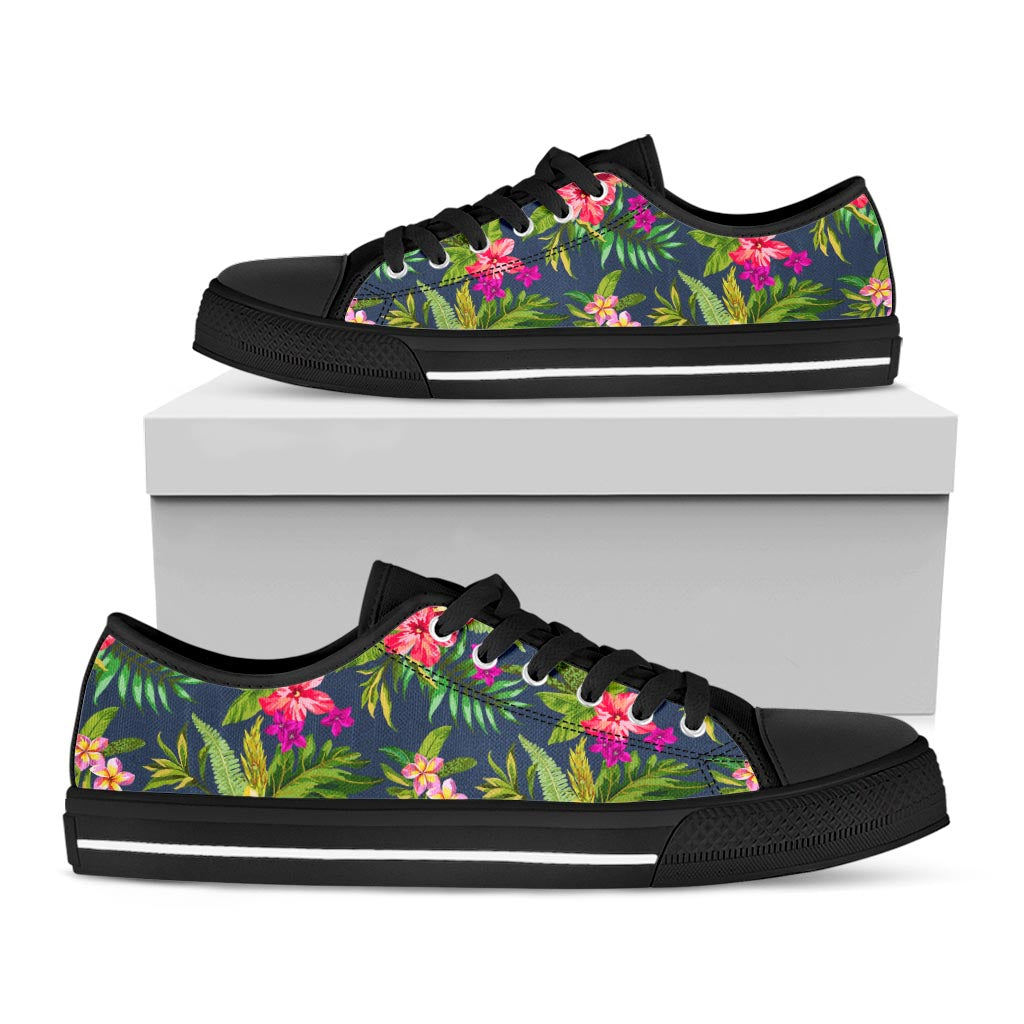 Aloha Hawaiian Flowers Pattern Print Black Low Top Sneakers